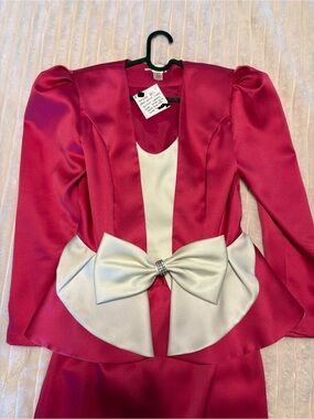 Amazing Vintage Fuchsia Satin Peplum Skirt Suit with Ivory Bow and Accents